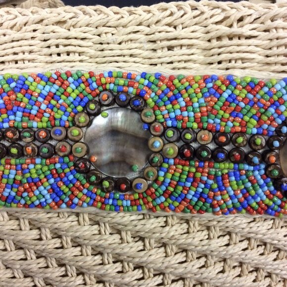 Cappelli Straworld Straw Tote Handbag With Beaded Design & Shell Accents - Picture 3 of 10